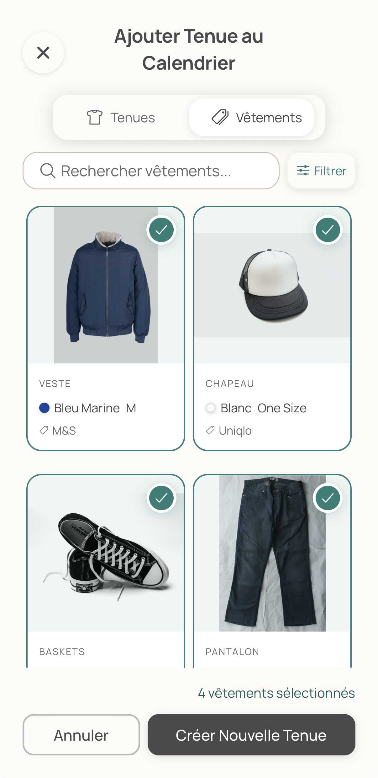 Wardrobe selection screen showing organised clothing items