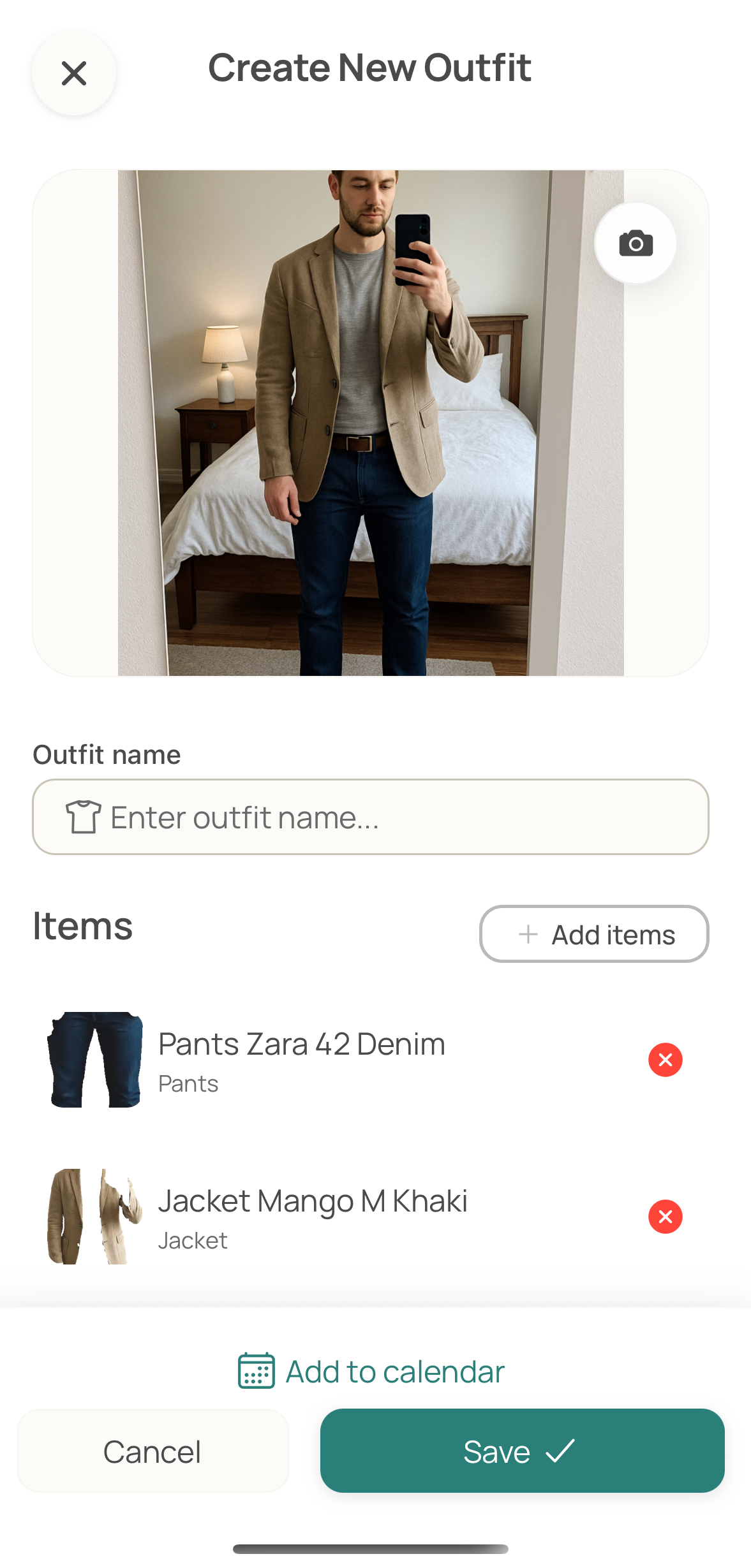 Outfit creation screen with AI clothing detection