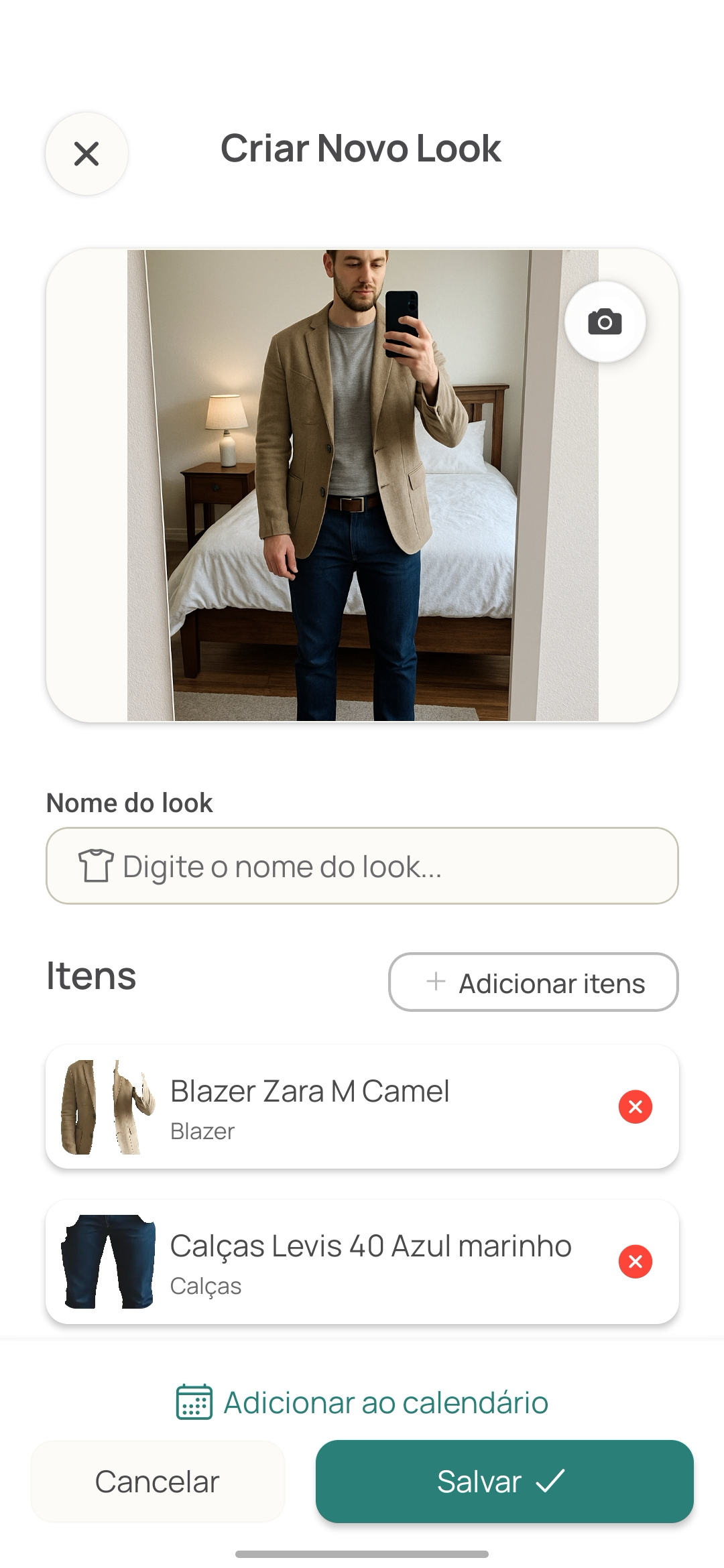 Outfit creation screen with AI clothing detection