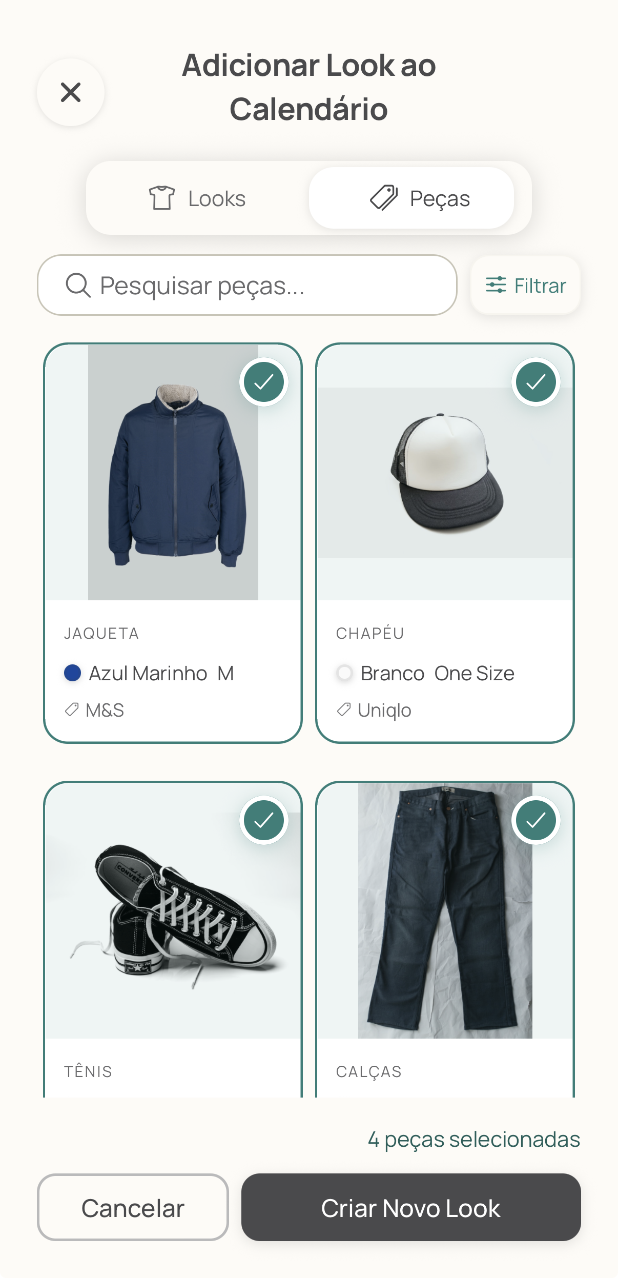 Wardrobe selection screen showing organised clothing items