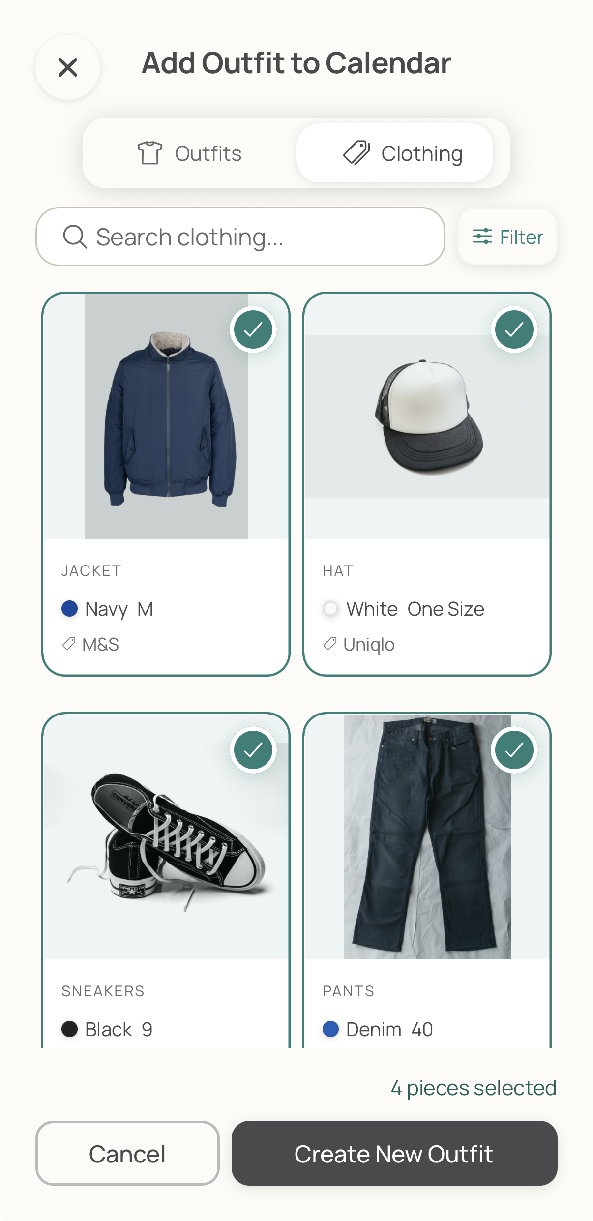 Wardrobe selection screen showing organised clothing items