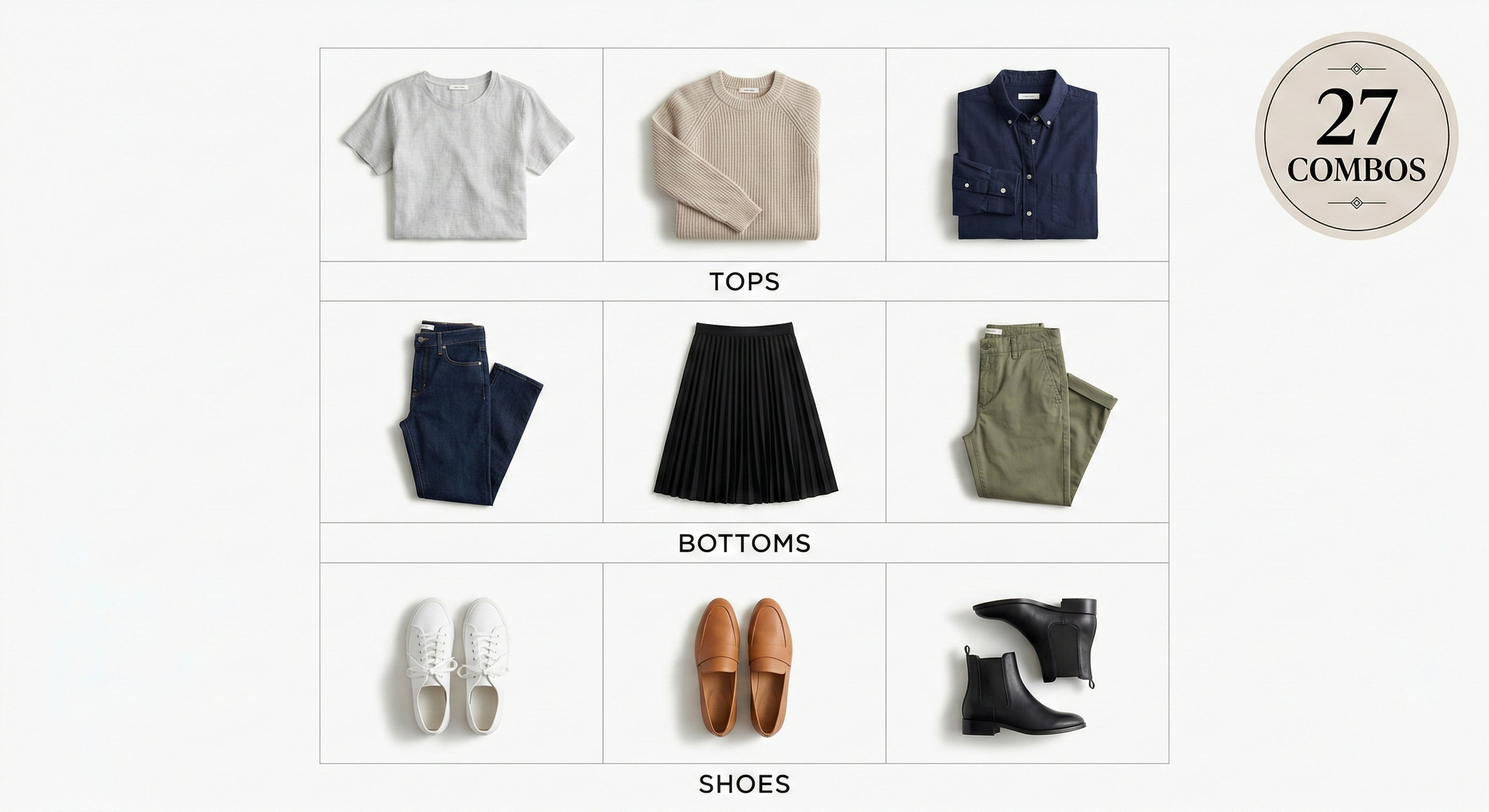 3-3-3 capsule wardrobe grid showing 3 tops, 3 bottoms, and 3 shoes