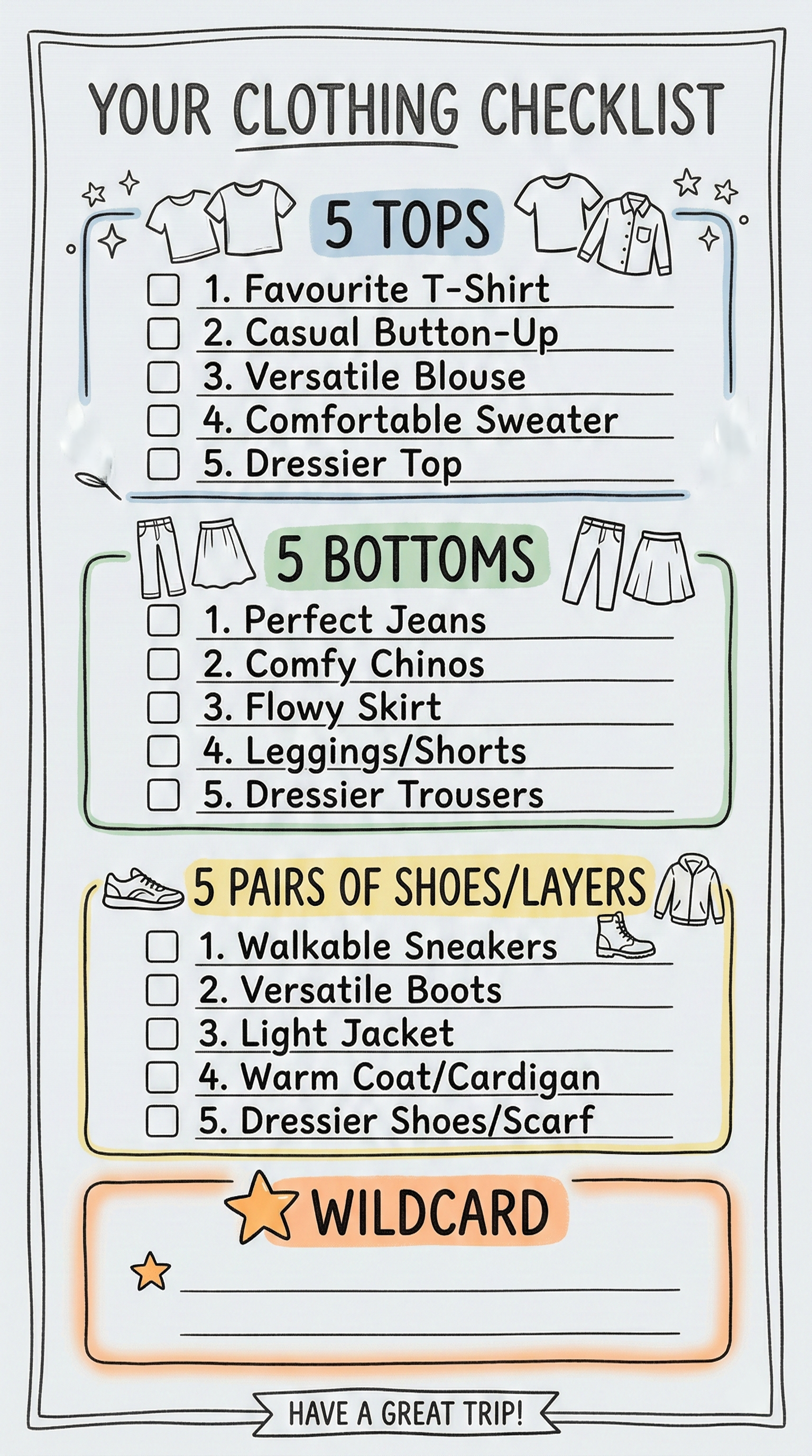5-5-5 capsule wardrobe checklist showing tops, bottoms, and shoes or layers