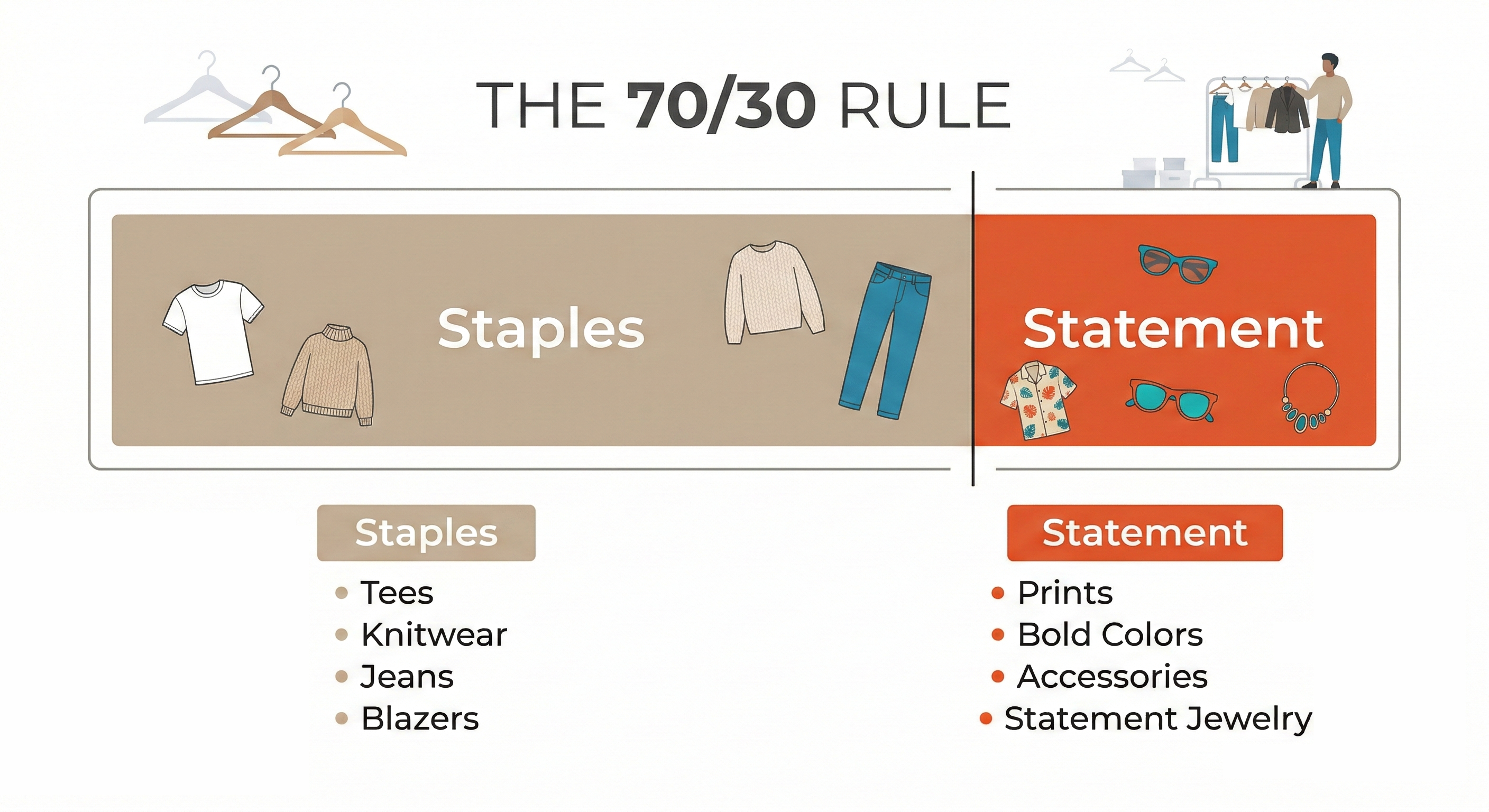 70/30 wardrobe rule balance showing 70% staples and 30% statement pieces