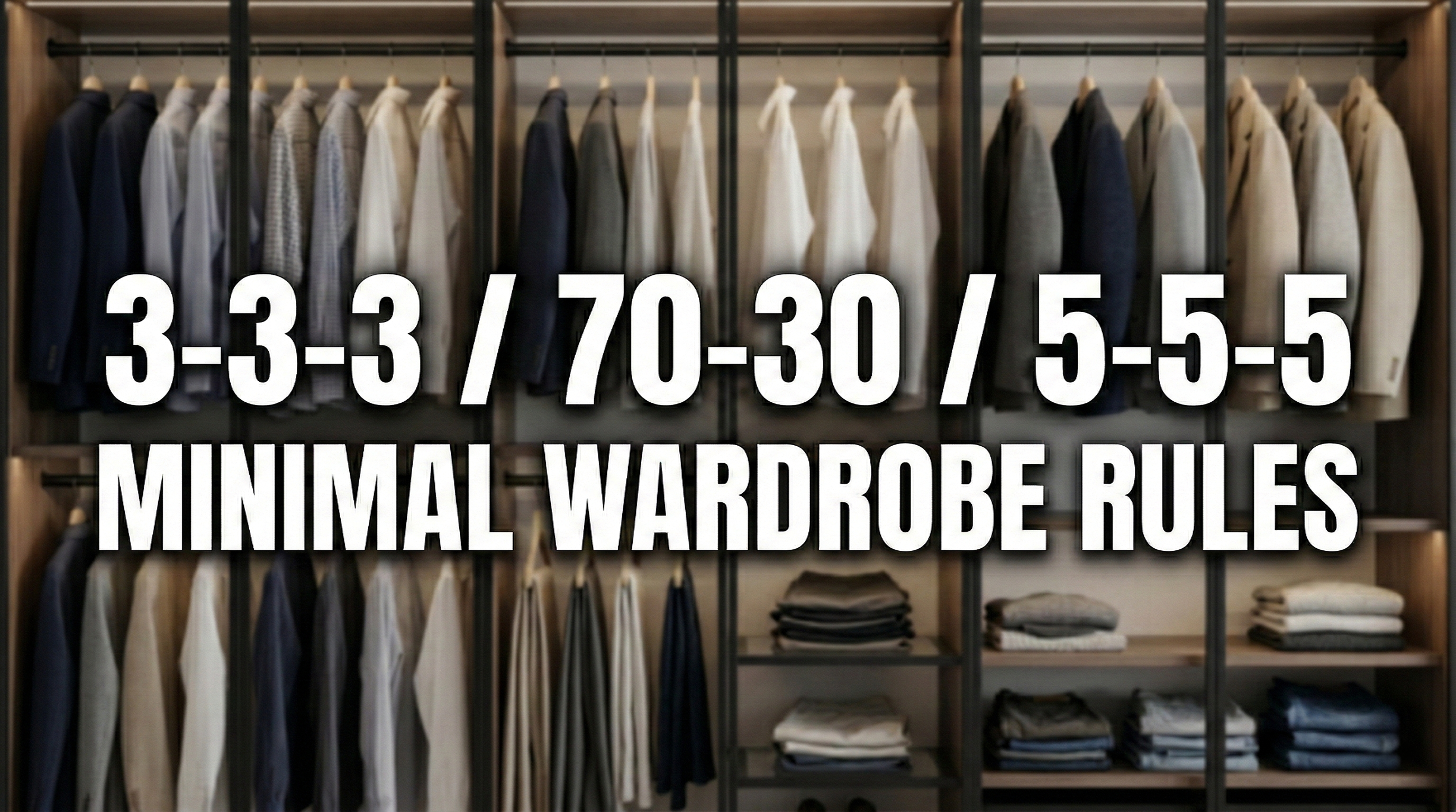 Capsule wardrobe guide showing the 3-3-3 rule, 70/30 wardrobe rule, and 5-5-5 clothing method