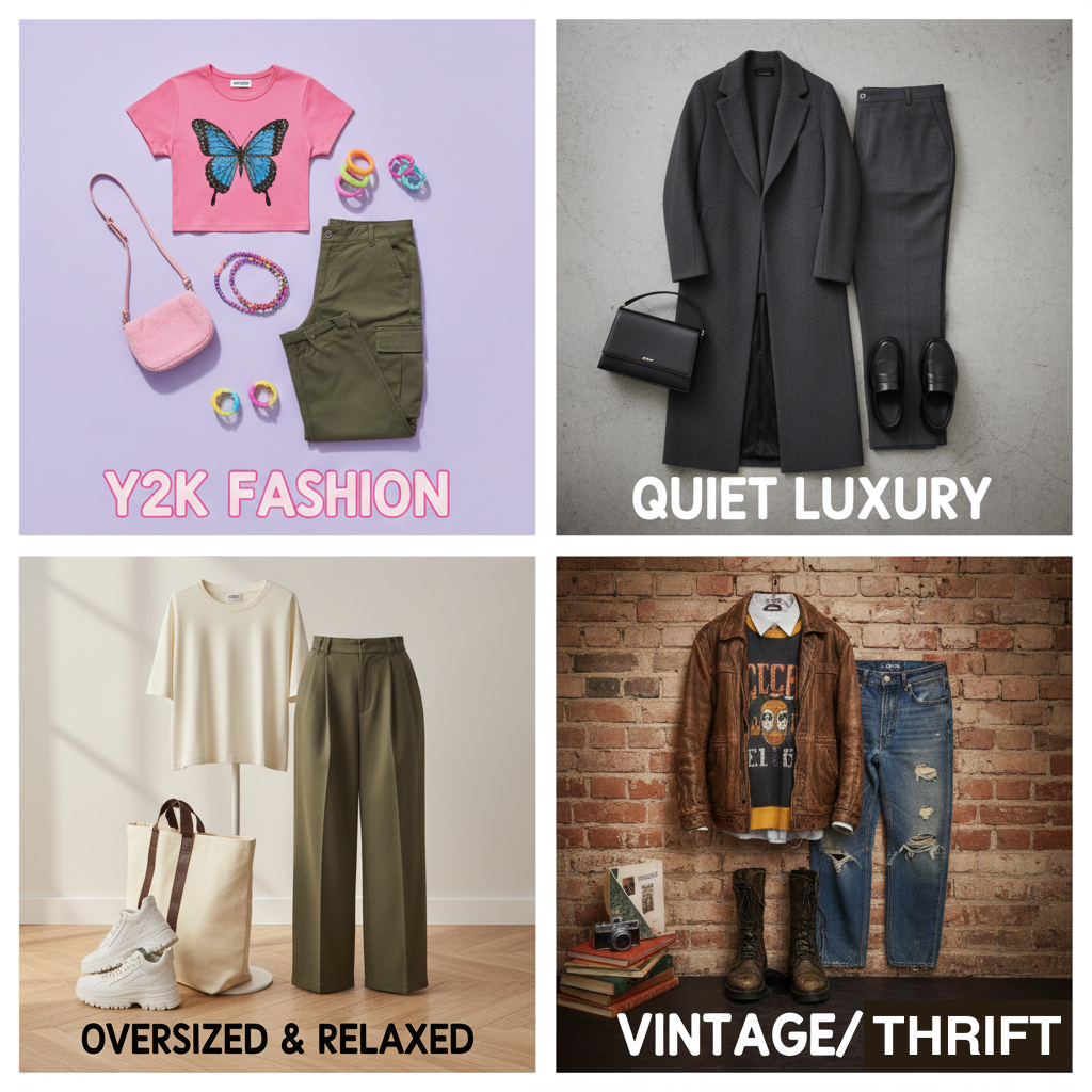 Gen Z fashion aesthetics: oversized silhouettes, Y2K revival, quiet luxury, and vintage styling